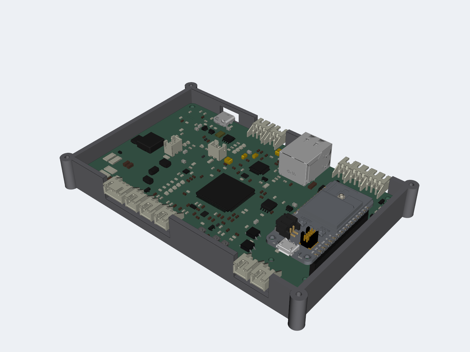 Corner CAD presentation render of the QD Brain Rev B controller board seated in its enclosure base